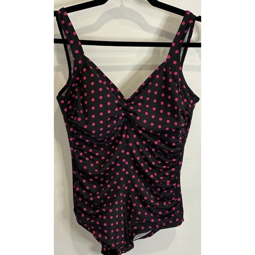 Gabar Retro Style One Piece Swimsuit Black Bright Pink Dots Ruched 12